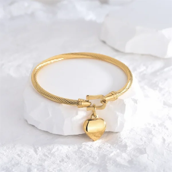 18k Gold Color Stainless Steel Heart Pendant Charm Bangle Bracelets for Men Women - Image 2