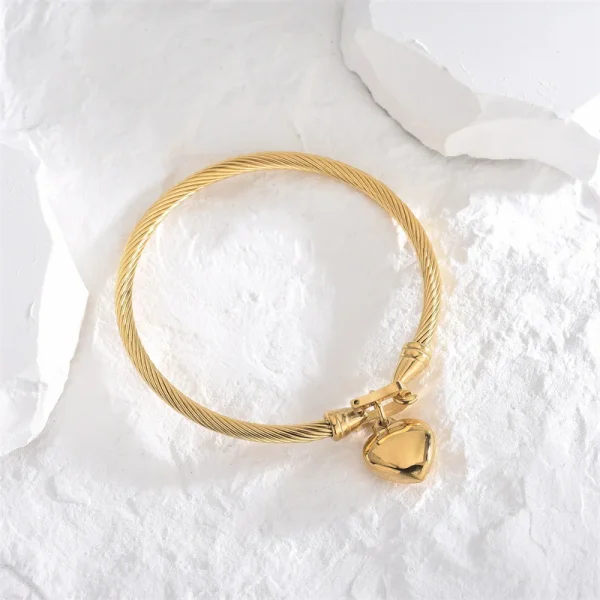 18k Gold Color Stainless Steel Heart Pendant Charm Bangle Bracelets for Men Women - Image 3