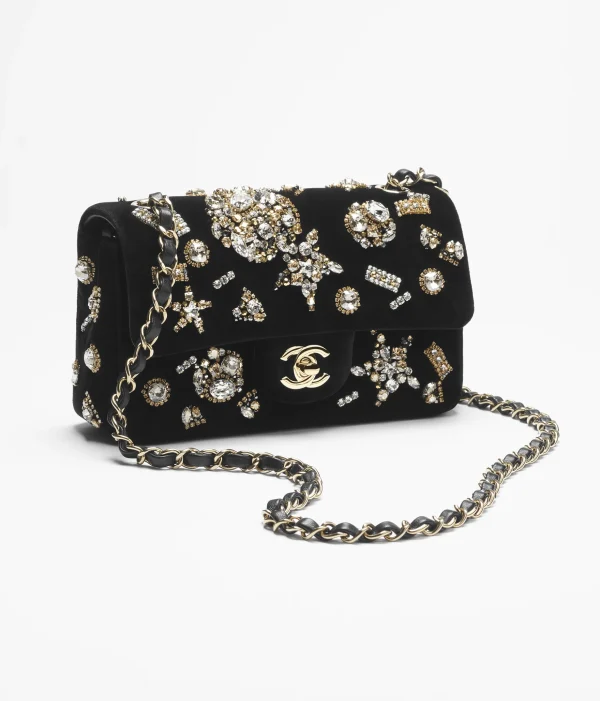 CHANEL Mini Classic Handbag Velvet, rhinestones, crystal and gold colors - Image 2