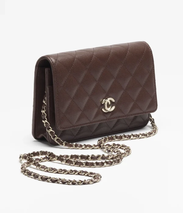 CHANEL Chain wallet with shiny surface, embossed particles, calf leather, deep brown - Image 2