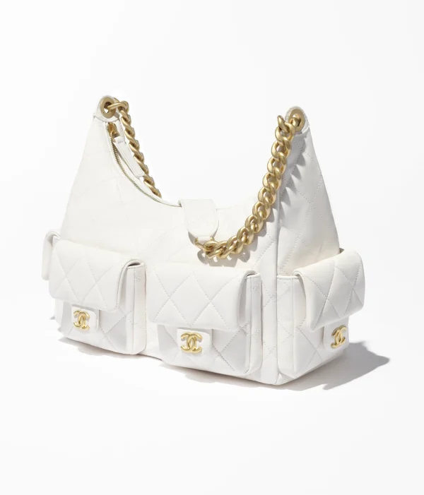 CHANEL Oversized hippie bag   Polish lambskin and golden metal white - Image 4