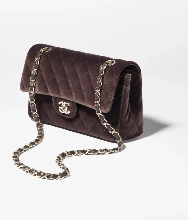 CHANEL Small Classic Handbag Velvet and Golden Metal Deep Brown - Image 2