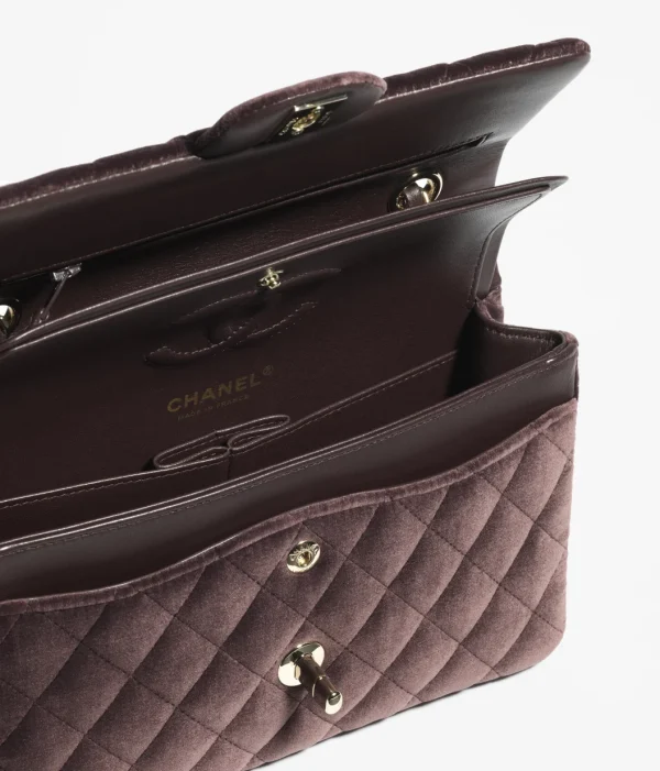 CHANEL Small Classic Handbag Velvet and Golden Metal Deep Brown - Image 3