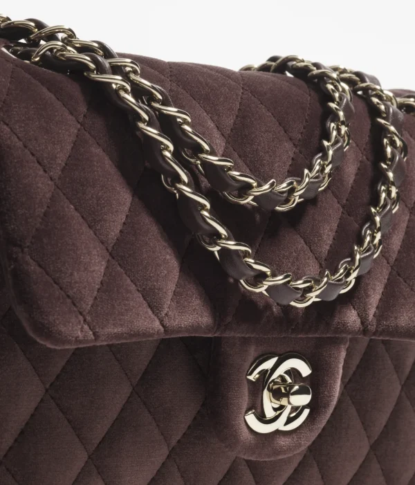 CHANEL Small Classic Handbag Velvet and Golden Metal Deep Brown - Image 4