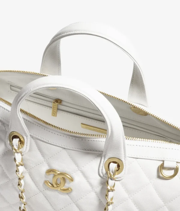 CHANEL Large bowling bag   Particle embossed shiny calf leather with golden metal white - Image 2