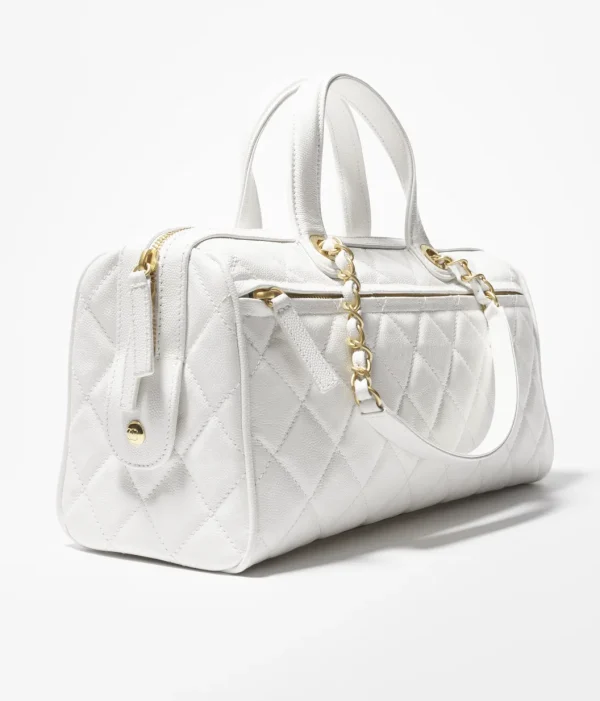 CHANEL Large bowling bag   Particle embossed shiny calf leather with golden metal white - Image 3