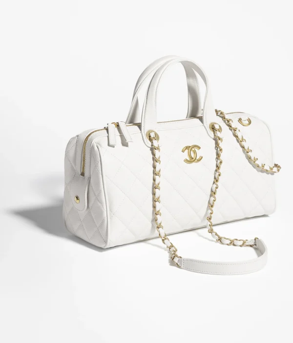 CHANEL Large bowling bag   Particle embossed shiny calf leather with golden metal white - Image 4