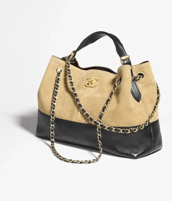 CHANEL Small shopping bag  Suede effect calf leather, glossy lamb leather, and golden metal Beige and black - Image 2