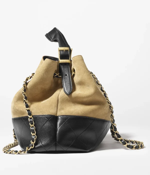CHANEL Small shopping bag  Suede effect calf leather, glossy lamb leather, and golden metal Beige and black - Image 3