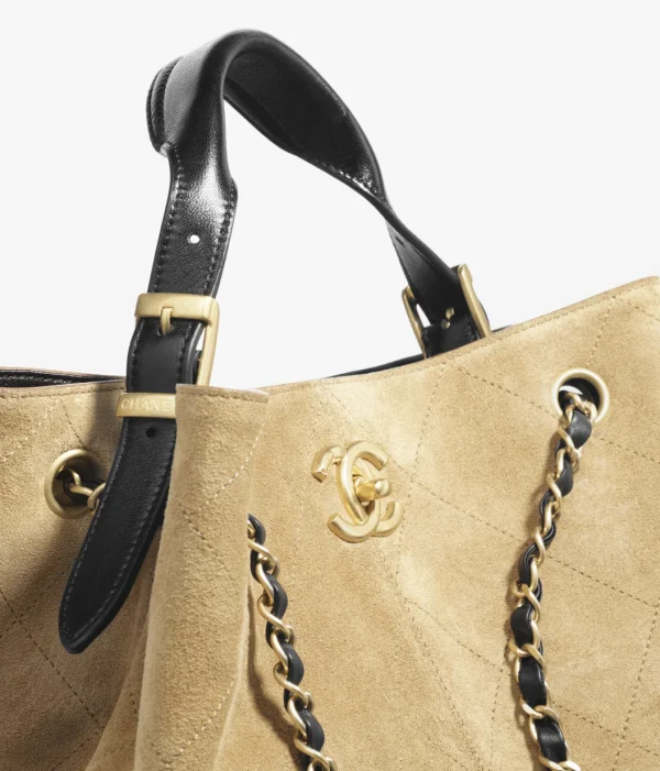 CHANEL shopping bag   Suede effect calf leather, glossy calf leather, and golden metal Beige and Black - Image 2