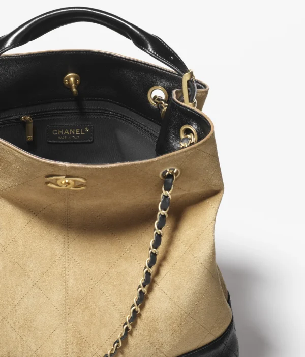 CHANEL shopping bag   Suede effect calf leather, glossy calf leather, and golden metal Beige and Black - Image 3