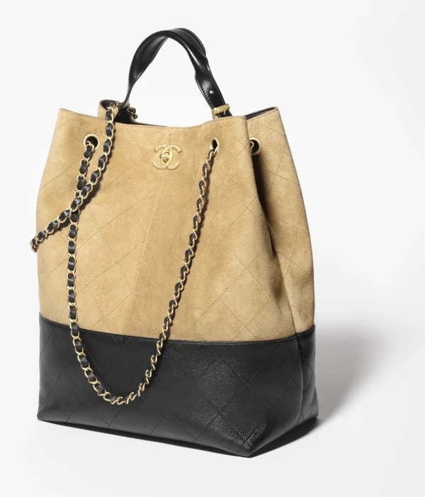 CHANEL shopping bag   Suede effect calf leather, glossy calf leather, and golden metal Beige and Black - Image 4