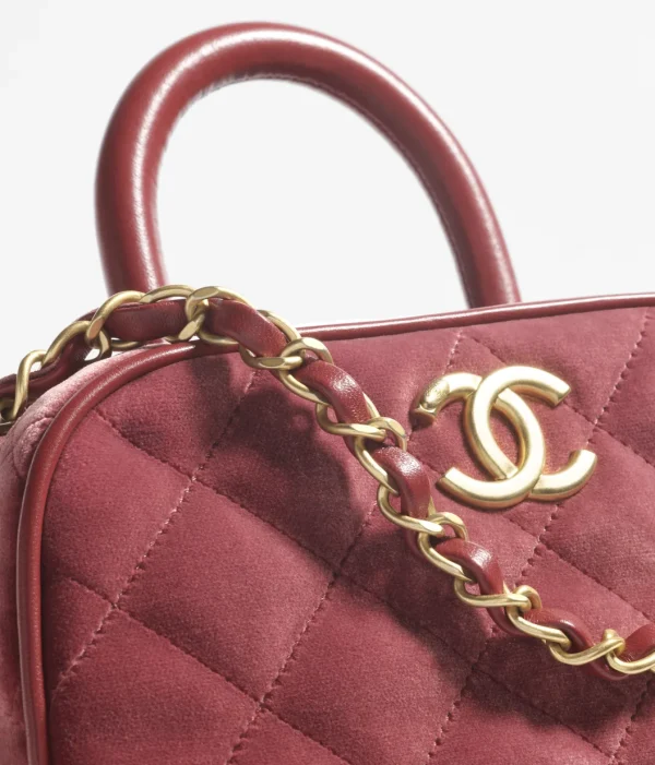 CHANEL Mini bowling bag made of velvet, calf leather, and burgundy - Image 4