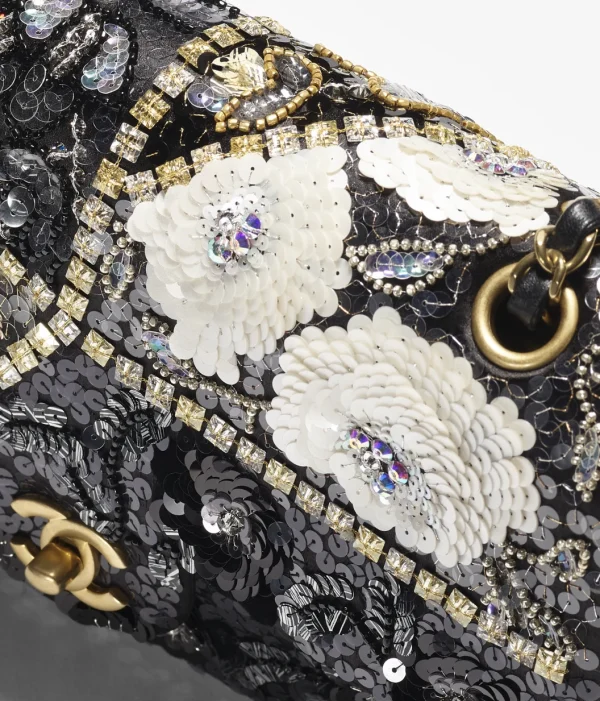 CHANEL Classic 11.12 handbag Silk satin, sequins, glass pearls, and gold metal Black, gold, and white - Image 2