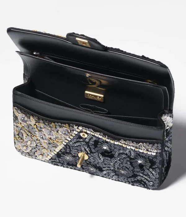 CHANEL Classic 11.12 handbag Silk satin, sequins, glass pearls, and gold metal Black, gold, and white - Image 3