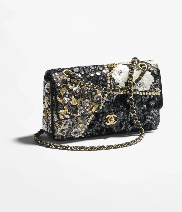 CHANEL Classic 11.12 handbag Silk satin, sequins, glass pearls, and gold metal Black, gold, and white - Image 4
