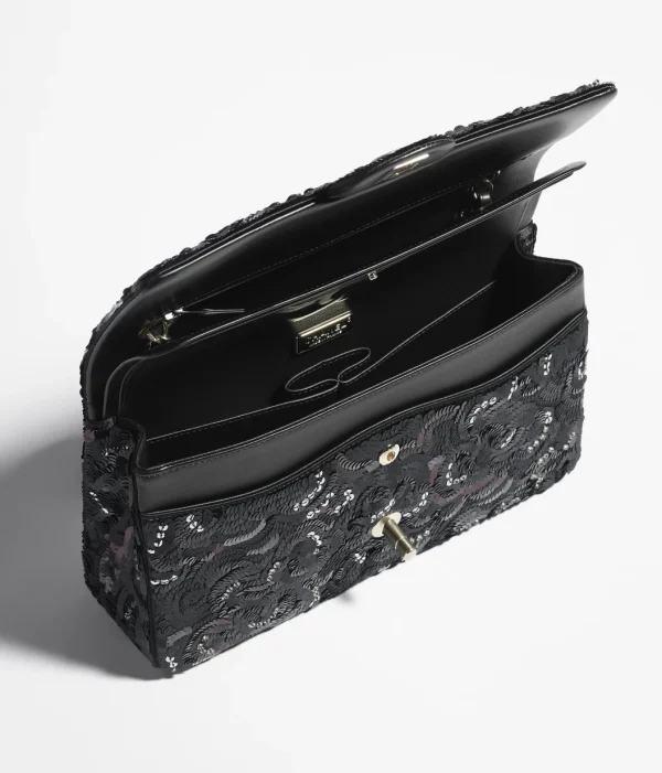 CHANEL Silk satin, sequins, glass pearls, and gold metal Black, dark gray, and wine red - Image 3