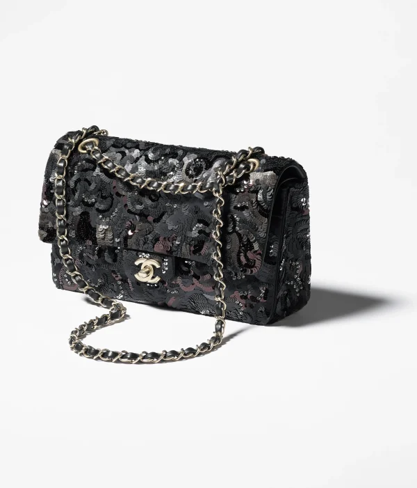 CHANEL Silk satin, sequins, glass pearls, and gold metal Black, dark gray, and wine red - Image 4