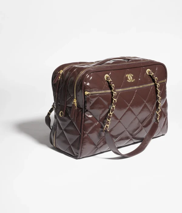 CHANEL travel bag   Painted folded calf leather and golden metal dark brown - Image 4