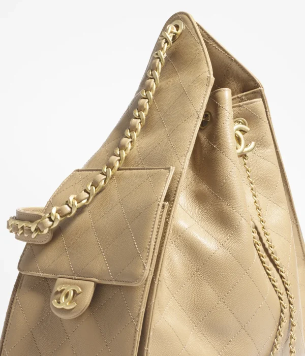 CHANEL 25 Medium Handbag   Particle embossed calf leather and gold metal dark beige - Image 4