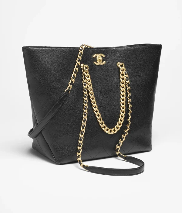 CHANEL shopping bag   Particle embossed shiny calf leather with golden metal black - Image 2