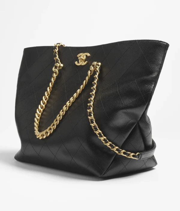 CHANEL shopping bag   Particle embossed shiny calf leather with golden metal black - Image 3