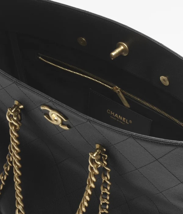 CHANEL shopping bag   Particle embossed shiny calf leather with golden metal black - Image 4