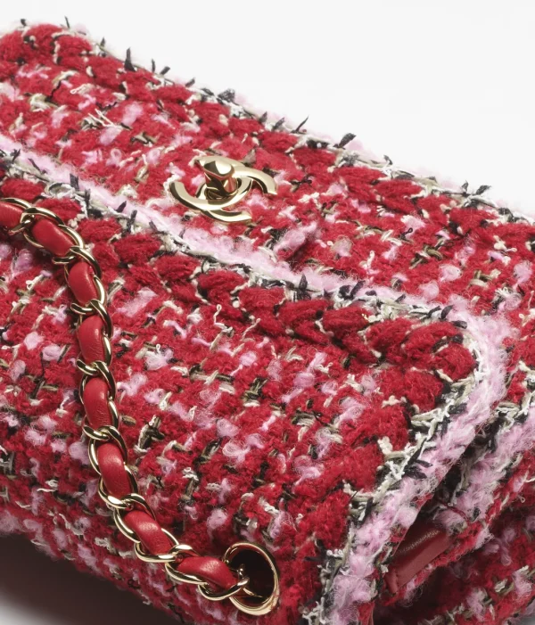 CHANEL Small Classic Handbag Twill soft woolen fabric with gold metal, red, pink, and black - Image 2