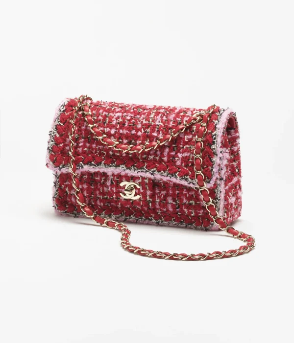 CHANEL Small Classic Handbag Twill soft woolen fabric with gold metal, red, pink, and black - Image 3