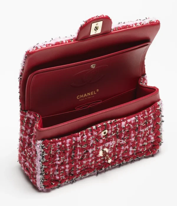 CHANEL Small Classic Handbag Twill soft woolen fabric with gold metal, red, pink, and black - Image 4