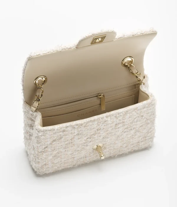 CHANEL Mini Classic Handbag Twill soft fabric and golden metal Beige and White - Image 3