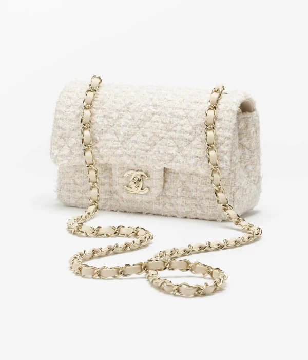 CHANEL Mini Classic Handbag Twill soft fabric and golden metal Beige and White - Image 4
