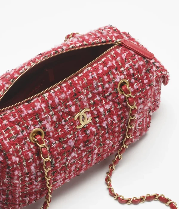 CHANEL Small bowling bag   Twill soft fabric and golden metal Red, Pink, and Black - Image 4