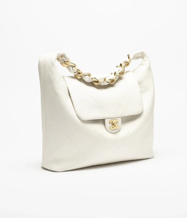 CHANEL Oversized hippie bag   Shiny calf leather and golden metal white - Image 2