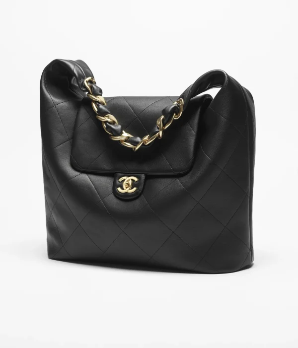 CHANEL Oversized hippie bag   Shiny calf leather and golden metal black - Image 2