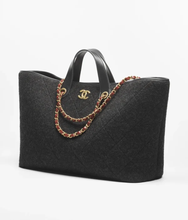 CHANEL MAXI shopping bag   Wool and Golden Metal dark gray - Image 3