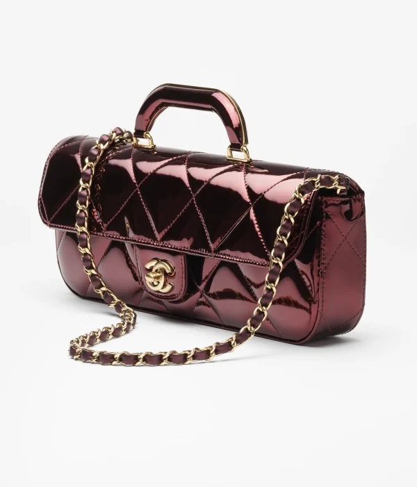 CHANEL Large cap bag with handle Metallic texture mirror effect calf leather wine red - Image 3