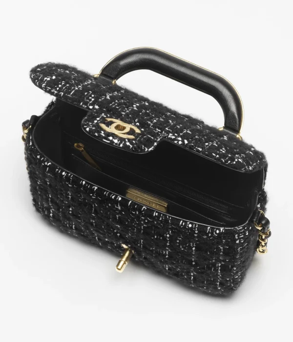 CHANEL Mini hood bag with handle   Kashmir twill tweed and gold metal Black and White - Image 4