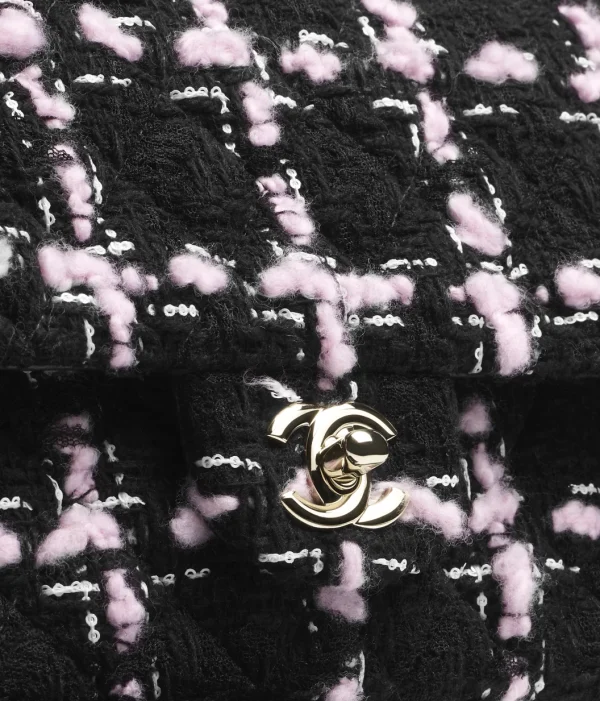 CHANEL Classic 11.12 handbag Wool twill soft woolen fabric with gold metal black, light pink, and white - Image 4