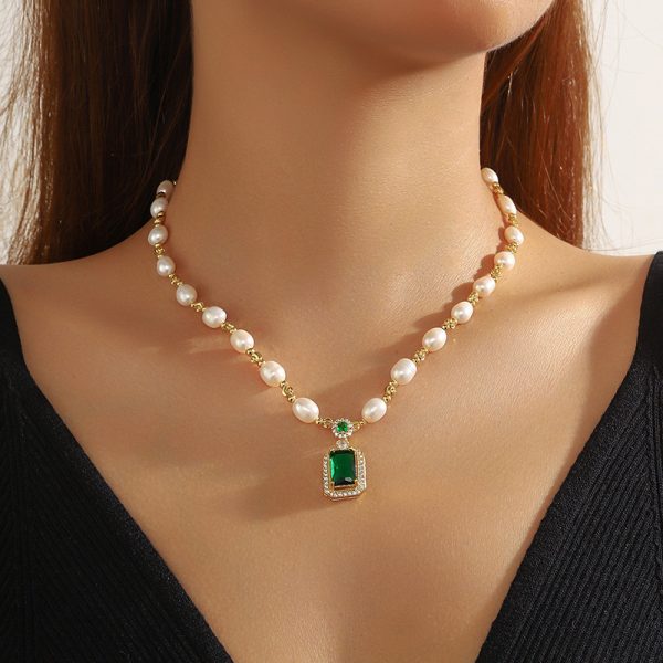Water Pearl Square Emerald Diamond Necklace - Image 5