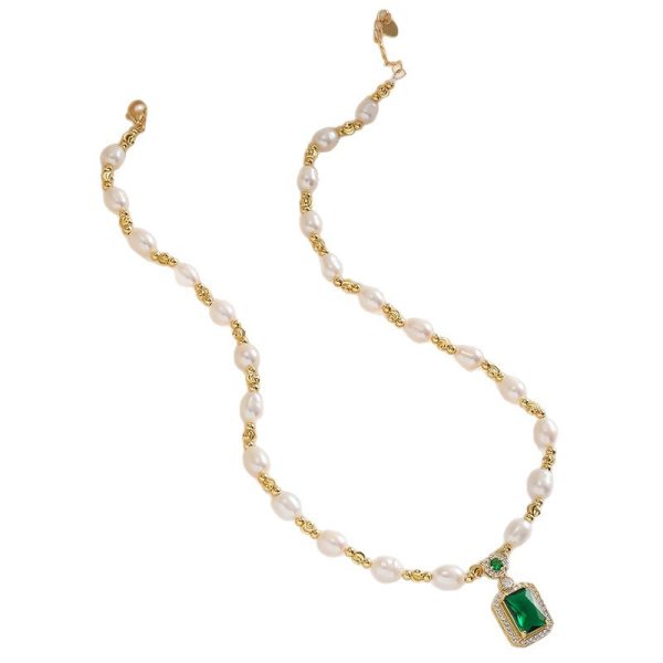 Water Pearl Square Emerald Diamond Necklace - Image 3