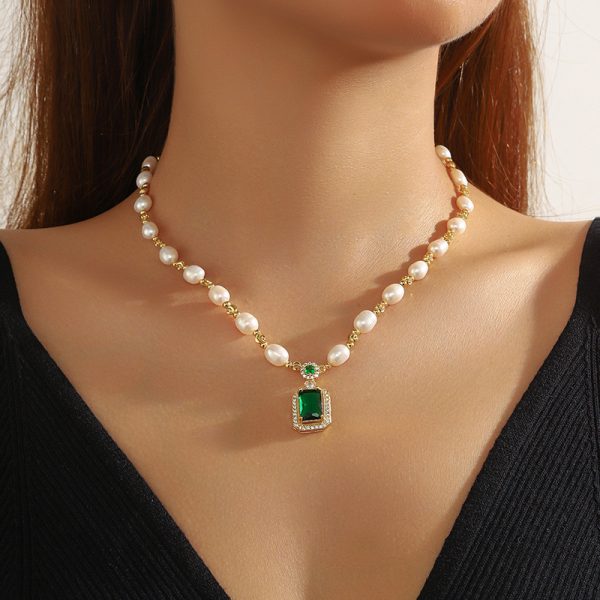 Water Pearl Square Emerald Diamond Necklace - Image 4