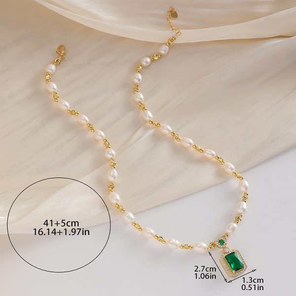 Water Pearl Square Emerald Diamond Necklace