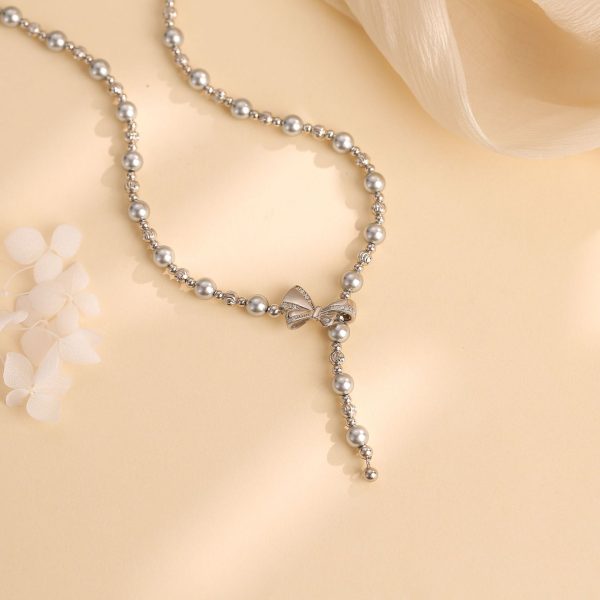 Pure silver bow-shaped grey pearl bead and pearl necklace - Image 4