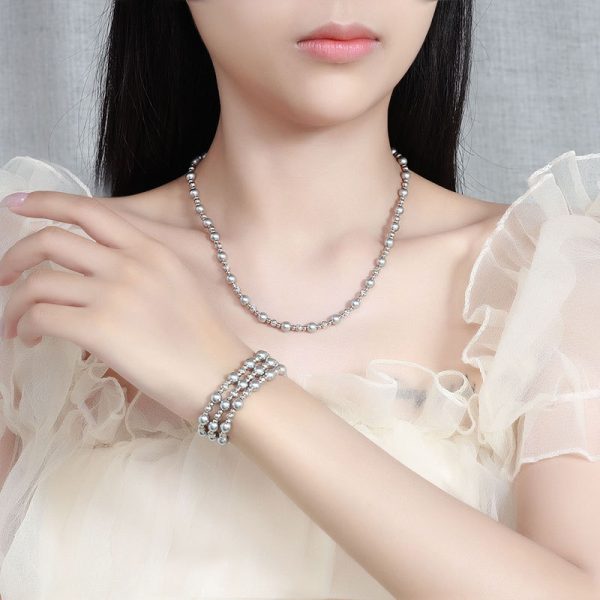 Pure silver bow-shaped grey pearl bead and pearl necklace - Image 5