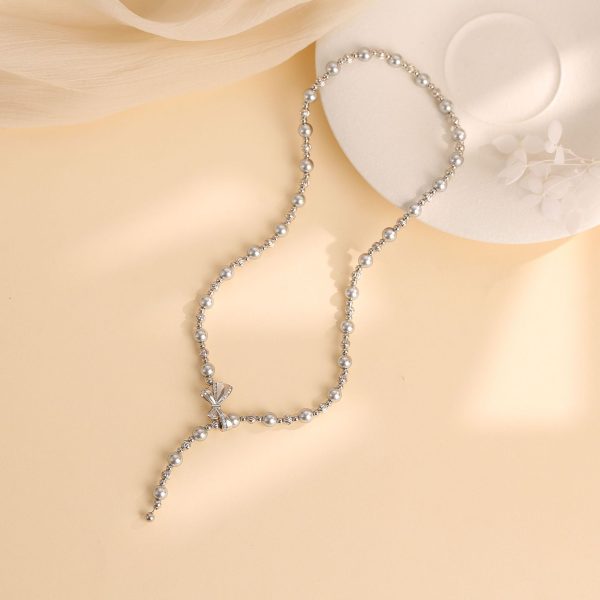 Pure silver bow-shaped grey pearl bead and pearl necklace - Image 3