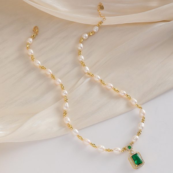 Water Pearl Square Emerald Diamond Necklace - Image 2
