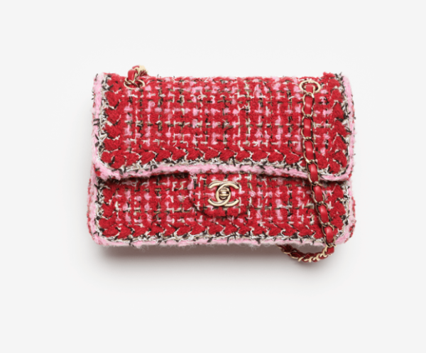 CHANEL Small Classic Handbag Twill soft woolen fabric with gold metal, red, pink, and black