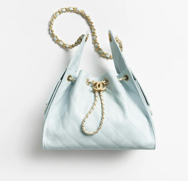 CHANEL 25 Small Handbag   Particle embossed calf leather and gold metal light blue
