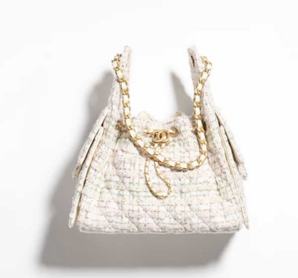 CHANEL 25 Small Handbag   Wool twill soft woolen fabric and golden metal Milk white, khaki, gold and red